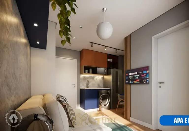 Sala de estar do studio decorado em apartamentos no bairro de Ermelino Matarazzo, São Paulo