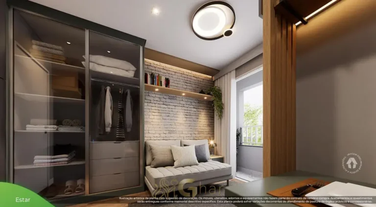 Sala de estar do studio decorado do condomínio Metrocasa Estação Oratório no bairro da Vila Prudente, São Paulo