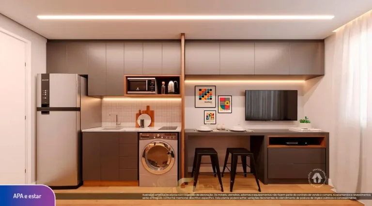 Sala de estar do studio decorado em apartamentos no bairro da Praça da Árvore, São Paulo
