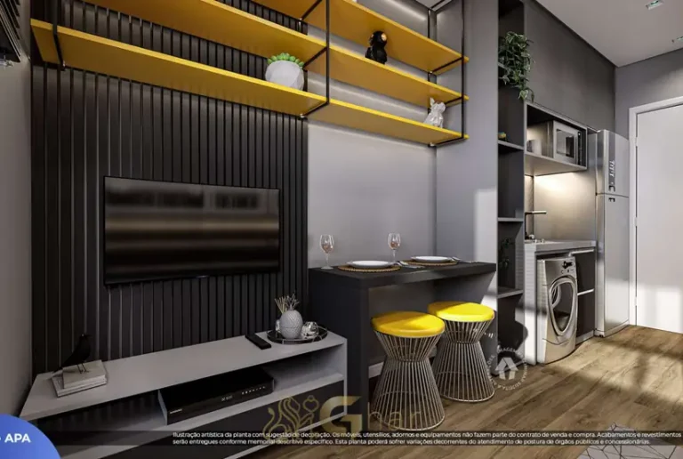 Sala de estar do studio decorado em apartamentos no bairro da Liberdade, São Paulo