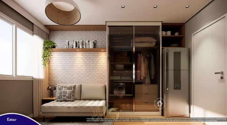 Sala de estar do studio decorado em apartamentos no bairro do Tucuruvi, São Paulo