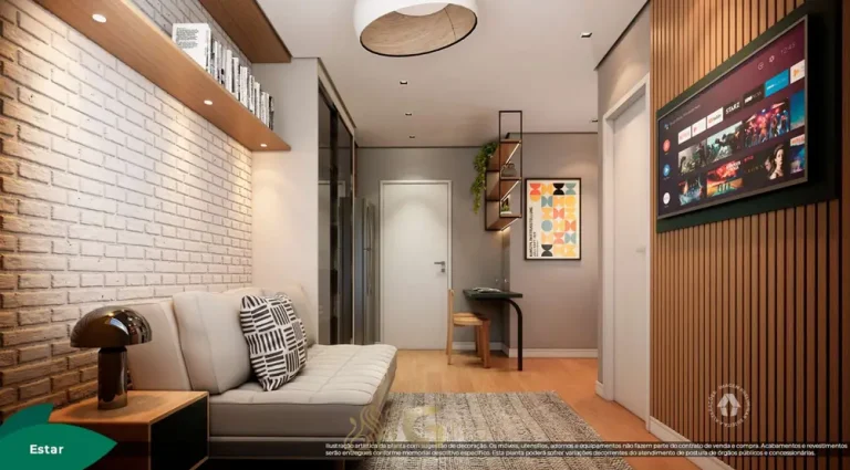 Sala de estar do studio decorado em condominio residencial no bairro de Pirituba, na Zona Oeste de Sao Paulo