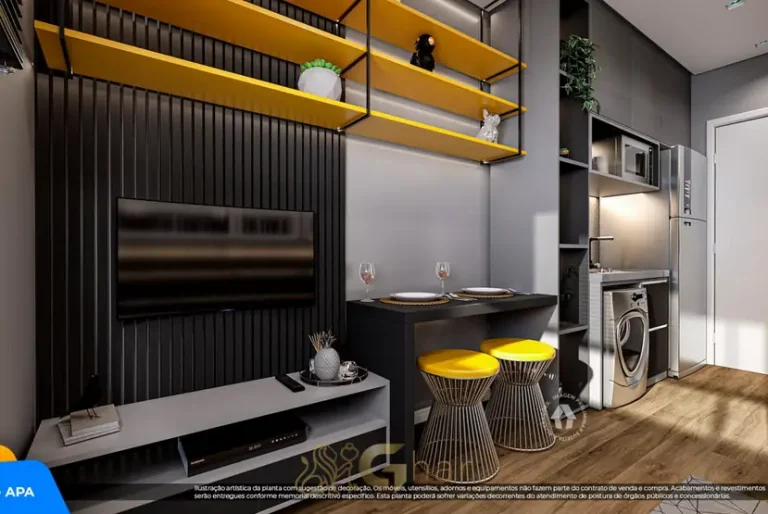 Sala de estar do studio decorado em condomínio residencial no bairro da Cidade Ademar, na Zona Sul de São Paulo