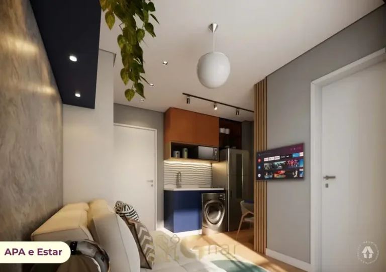 Sala de estar do studio decorado em condomínio residencial no bairro de Pirituba, na Zona Oeste de São Paulo