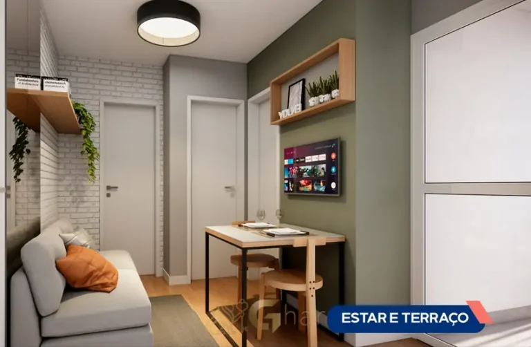 Sala de estar com terraço do apartamento decorado com office em condomínio residencial no bairro da Saúde, na Zona Sul de São Paulo