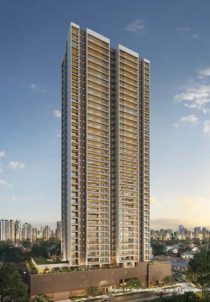 Fachada contemporânea em apartamentos no bairro do Brooklin, São Paulo