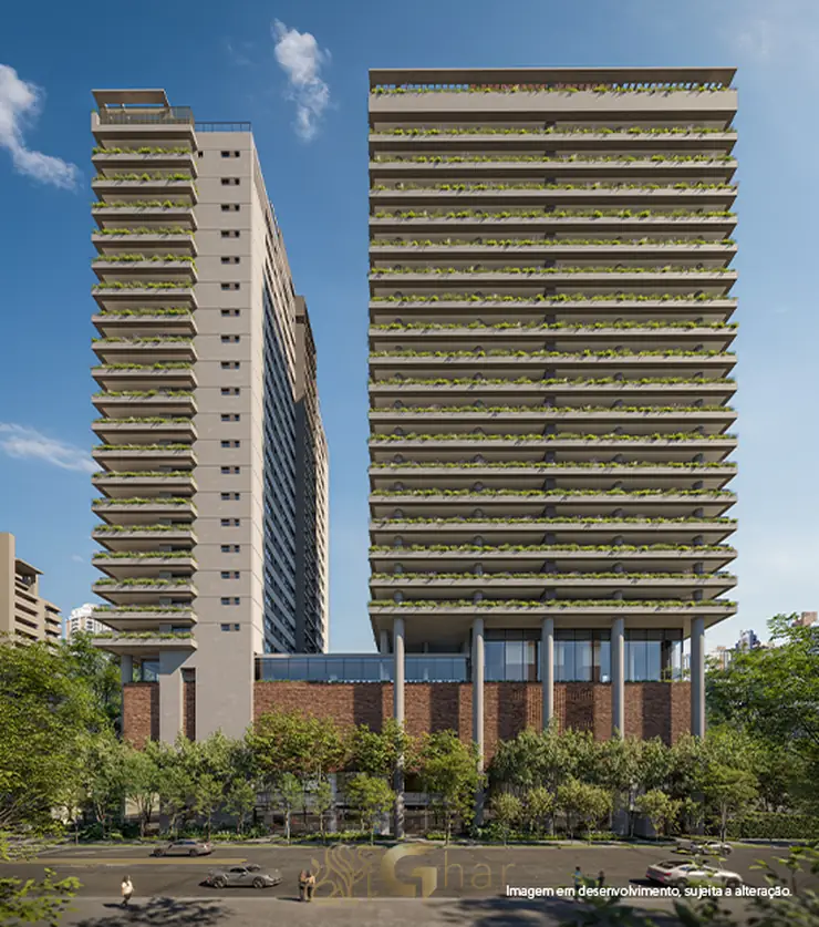Fachada contemporânea do condomínio Casa Sabiá no bairro de Moema, São Paulo