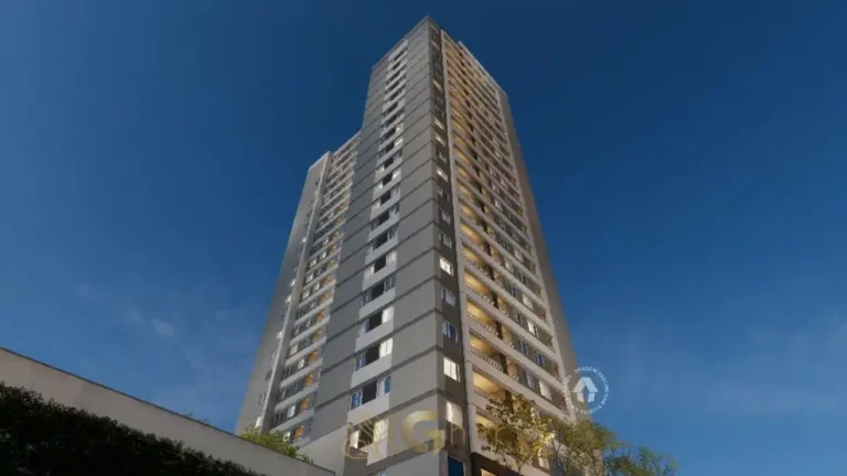 Vista frontal da fachada em apartamentos no bairro da Vila Ré, São Paulo
