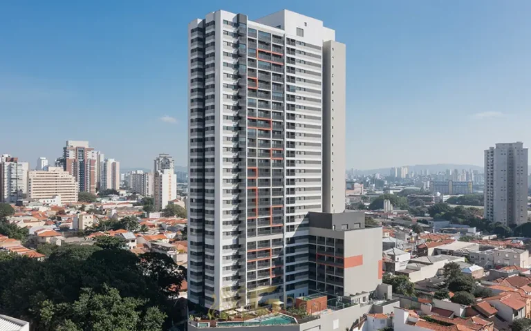 Fachada principal do condomínio Modo Pompeia no bairro da Pompéia, São Paulo