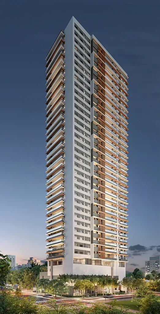 Fachada contemporânea em apartamentos no bairro do Brooklin, São Paulo