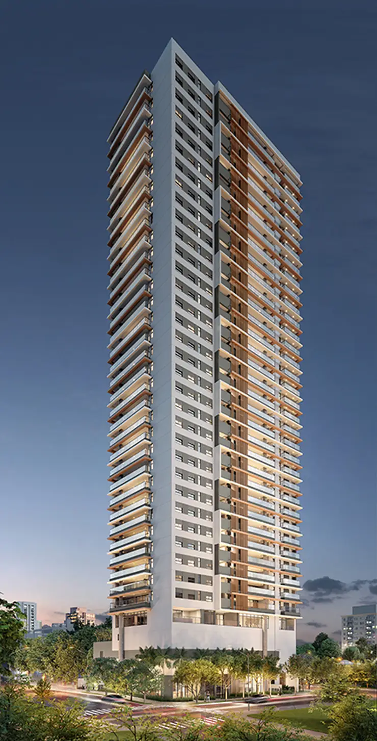 Fachada contemporânea em apartamentos no bairro do Brooklin, São Paulo