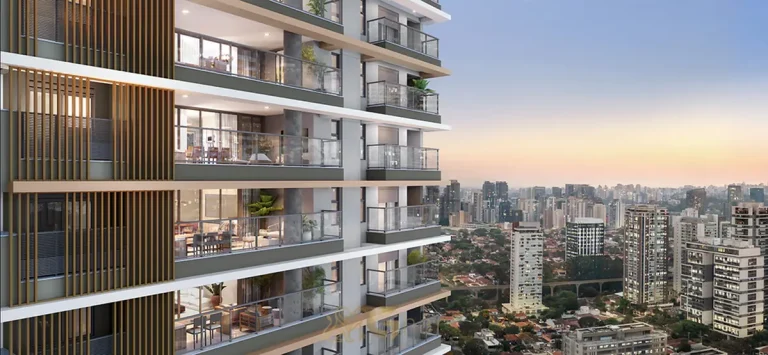 Fachada com varandas gourmet em condomínio residencial no bairro do Brooklin, na Zona Sul de São Paulo