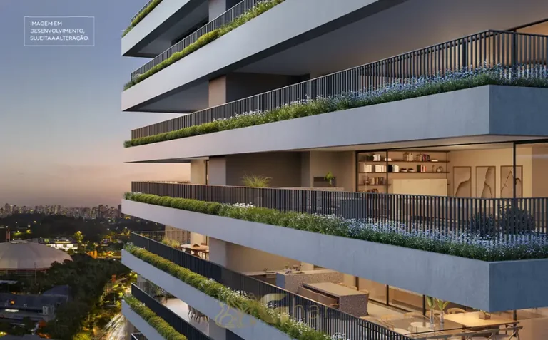 Fachada com varandas gourmet integradas em apartamentos no bairro do Ibirapuera, São Paulo