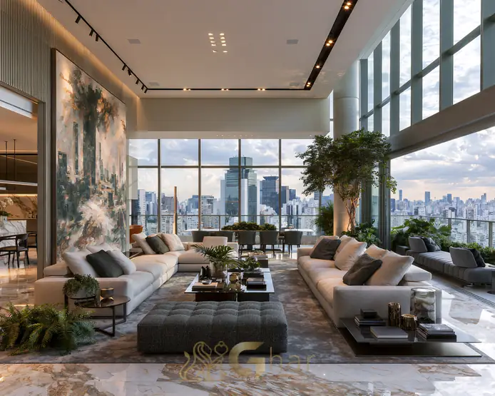 Imobiliária no Paraíso SP – living de apartamento de alto padrão na região Zona Sul de São Paulo