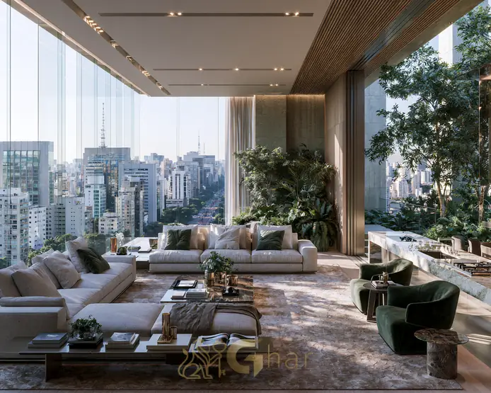 Sala de apartamento em lançamento na planta em imobiliária no Paraíso, região Zona Sul