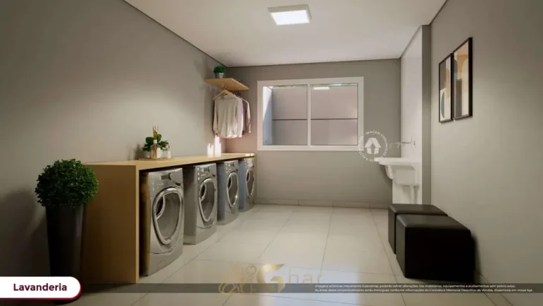 Lavanderia compartilhada do condomínio Metrocasa Guilhermina Esperança no bairro da Vila Guilhermina, São Paulo