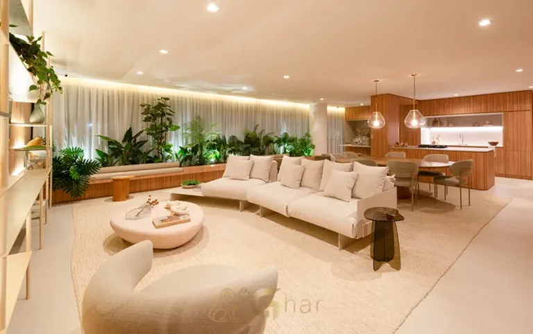 Living do apartamento decorado em condomínio residencial no bairro do Brooklin, na Zona Sul de São Paulo