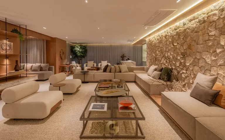 Living do apartamento decorado do condomínio Mairin Ibirapuera no bairro do Ibirapuera, São Paulo