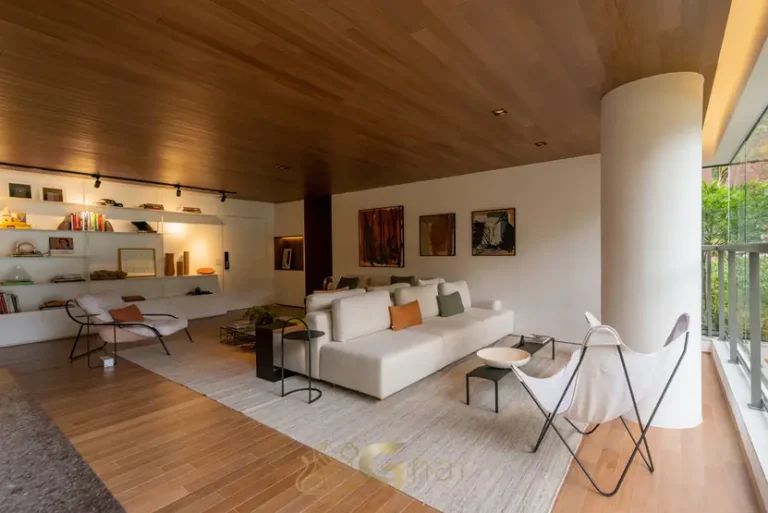 Living integrado do apartamento decorado do condomínio Portugal 587 no bairro do Brooklin, São Paulo