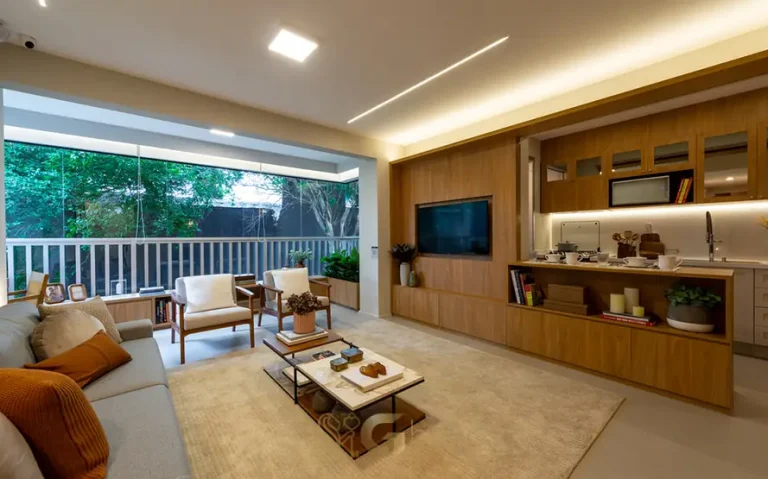 Living do apartamento decorado de 3 dormitórios do condomínio Modo Ipiranga no bairro do Ipiranga, São Paulo