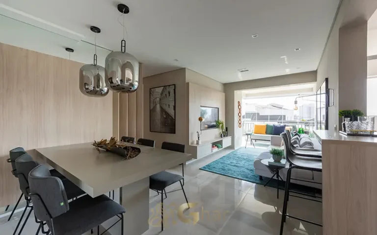 Living do apartamento decorado de 72 m² do condomínio Monumento SP - 2ª Fase no bairro do Morumbi, São Paulo