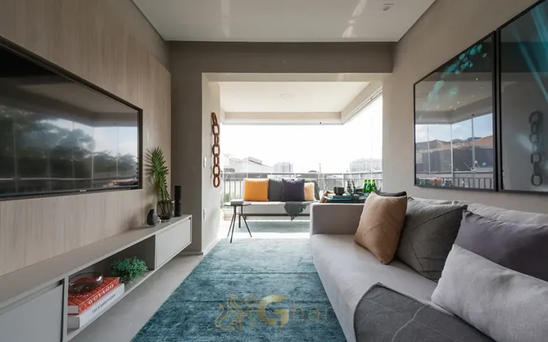 Living integrado do apartamento decorado de 72 m² em apartamentos no bairro do Morumbi, São Paulo