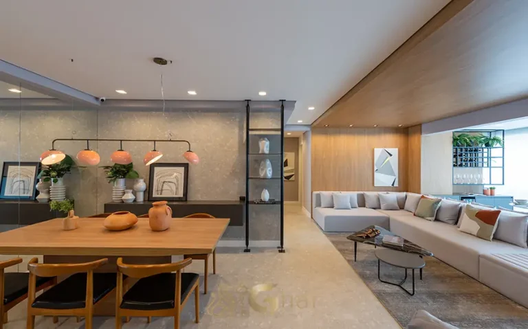 Living do apartamento decorado de 87 m² em condomínio residencial no bairro do Morumbi, na Zona Sul de São Paulo