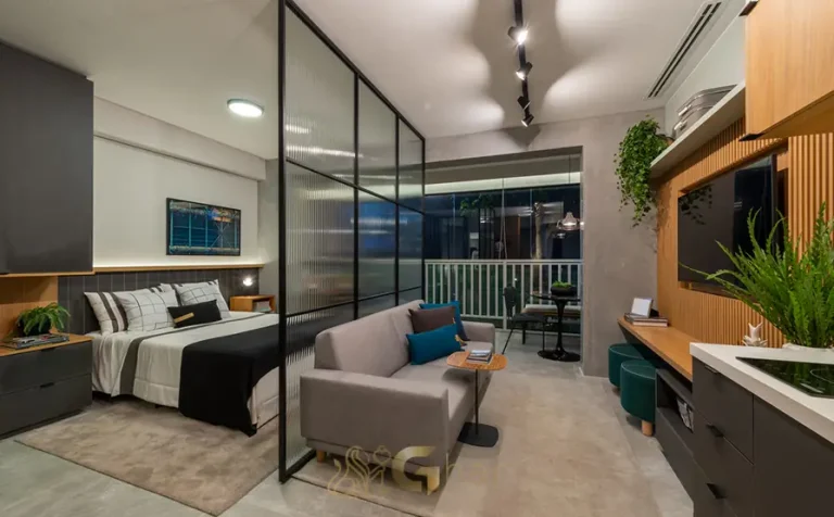 Living integrado ao dormitório do apartamento decorado de 1 dormitório do condomínio Modo Ipiranga no bairro do Ipiranga, São Paulo