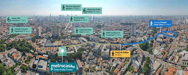Mapa com vista aérea do bairro do condomínio Metrocasa Clube Anália Franco no bairro do Jardim Anália Franco, São Paulo