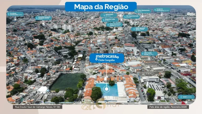 Vista aérea do entorno e do bairro em condomínio residencial no bairro do Cangaíba, na Zona Leste de São Paulo