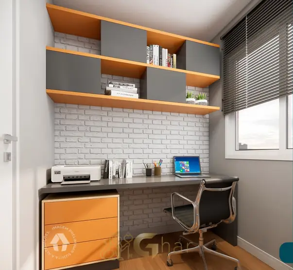 Home office do apartamento decorado do condomínio Metrocasa Prime Sapopemba no bairro de Sapopemba, São Paulo