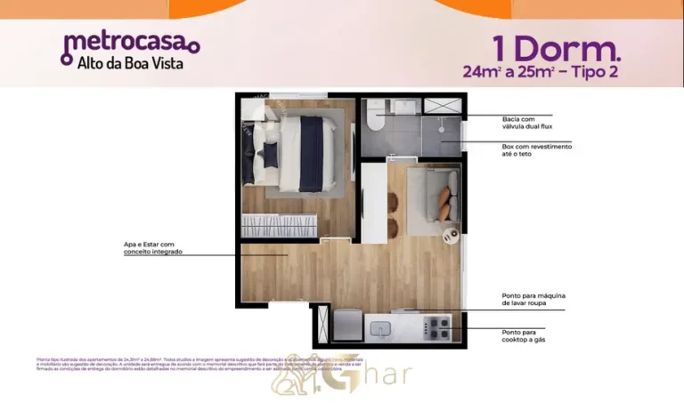 Planta do apartamento de 1 dormitório de 24 m² do condomínio Metrocasa Alto da Boa Vista no bairro do Alto da Boa Vista, São Paulo