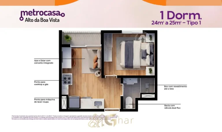 Planta do apartamento de 1 dormitório de 25 m² em condomínio residencial no bairro do Alto da Boa Vista, na Zona Sul de São Paulo
