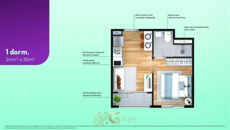 Planta do apartamento de 1 dormitório de até 35 m² em condomínio residencial no bairro da Vila Prudente, na Zona Leste de São Paulo