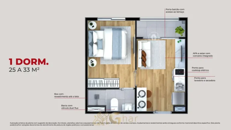 Planta do apartamento de 1 dormitório de 33 m² em apartamentos no bairro da Vila Guilhermina, São Paulo