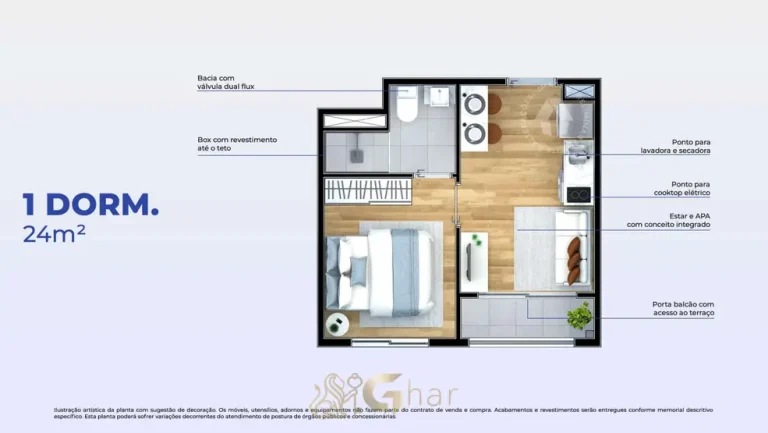 Planta do apartamento de 1 dormitório de 24 m² em condomínio residencial no bairro do Jaçanã, na Zona Norte de São Paulo