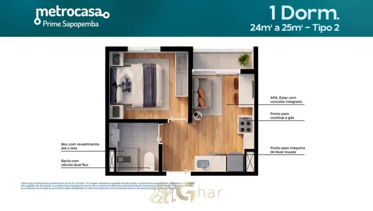 Planta do apartamento de 1 dormitório de 24 m² em apartamentos no bairro de Sapopemba, São Paulo