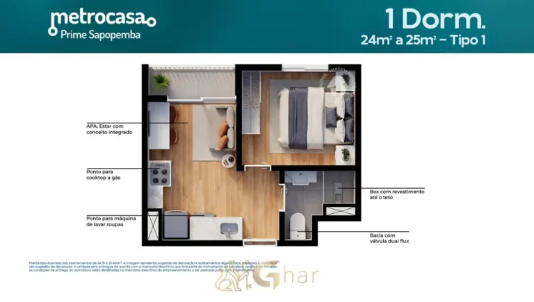 Planta do apartamento de 1 dormitório de 25 m² do condomínio Metrocasa Prime Sapopemba no bairro de Sapopemba, São Paulo