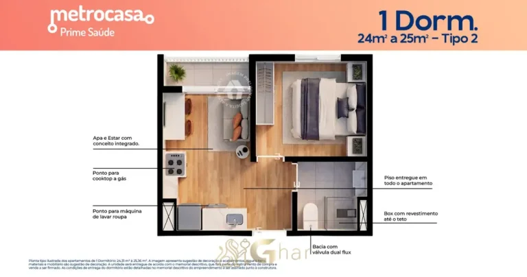 Planta do apartamento de 1 dormitório de 24 m² do condomínio Metrocasa Prime Saúde no bairro da Saúde, São Paulo
