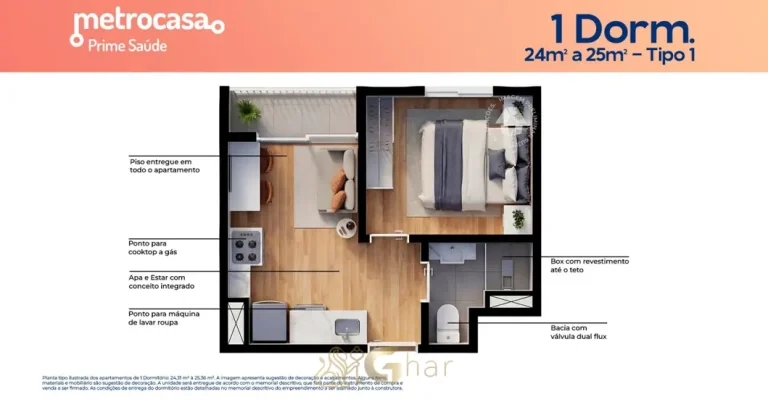 Planta do apartamento de 1 dormitório de 25 m² em condomínio residencial no bairro da Saúde, na Zona Sul de São Paulo