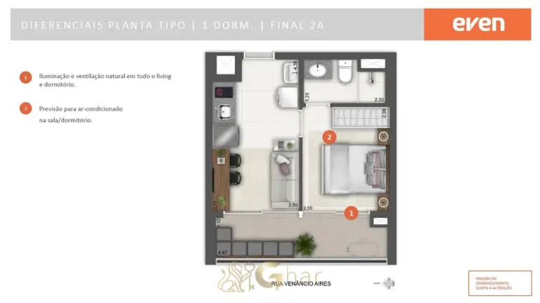 Planta do apartamento de 1 dormitório com 33 m² do condomínio Modo Pompeia no bairro da Pompéia, São Paulo