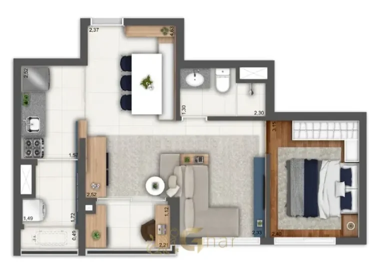 Planta do apartamento de 1 dormitório garden com 47 m² em condomínio residencial no bairro da Pompéia, na Zona Oeste de São Paulo