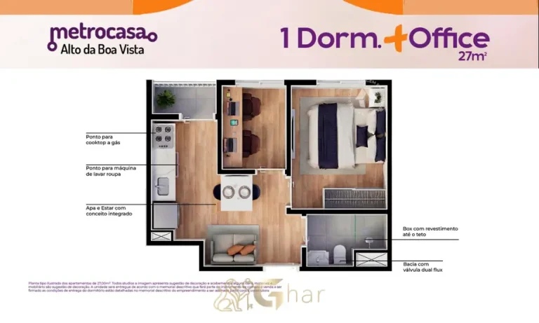 Planta do apartamento de 1 dormitório com office de 27 m² em condomínio residencial no bairro do Alto da Boa Vista, na Zona Sul de São Paulo