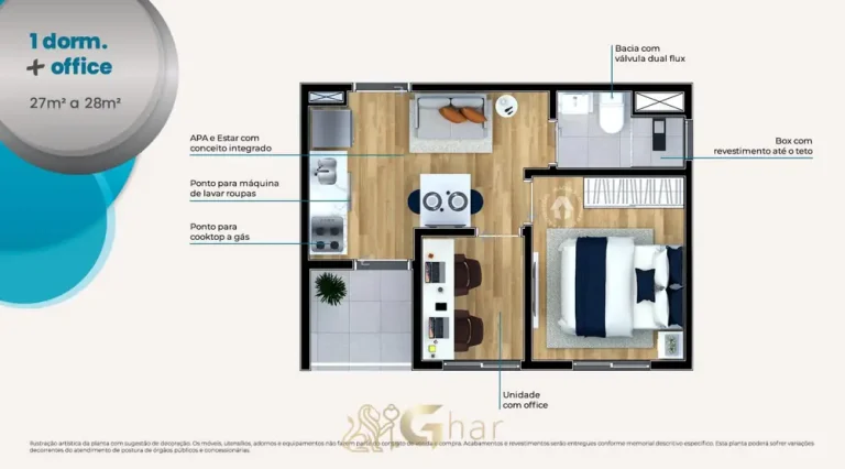 Planta do apartamento de 1 dormitório com office em apartamentos no bairro da Vila Ema, São Paulo