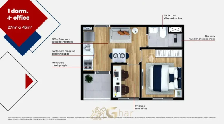 Planta do apartamento de 1 dormitório com office de 27 m² em condomínio residencial no bairro da Barra Funda, na Zona Oeste de São Paulo