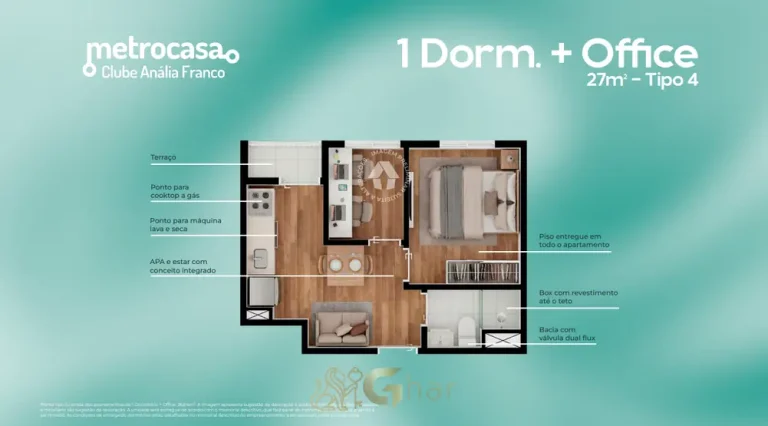 Planta do apartamento 1 dormitório mais office de 27 m² do condomínio Metrocasa Clube Anália Franco no bairro do Jardim Anália Franco, São Paulo