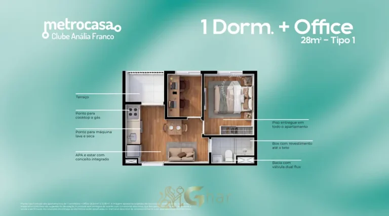 Planta do apartamento 1 dormitório mais office de 28 m² do condomínio Metrocasa Clube Anália Franco no bairro do Jardim Anália Franco, São Paulo