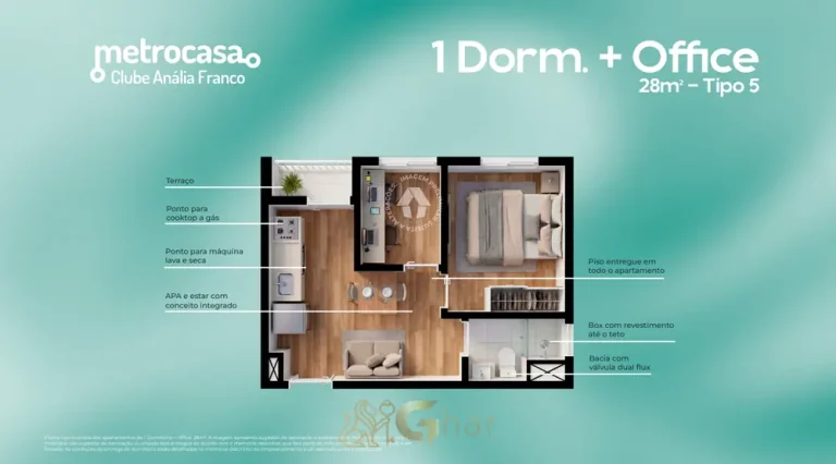 Planta alternativa do apartamento 1 dormitório mais office de 28 m² em apartamentos no bairro do Jardim Anália Franco, São Paulo