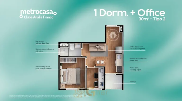 Planta do apartamento 1 dormitório mais office de 30 m² em apartamentos no bairro do Jardim Anália Franco, São Paulo