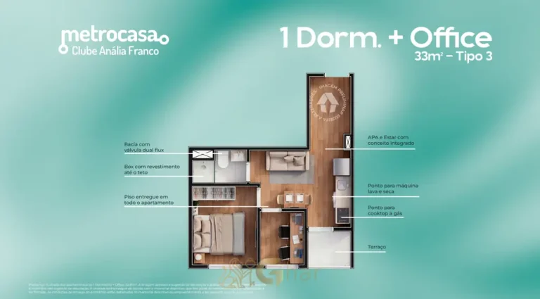 Planta do apartamento 1 dormitório mais office de 33 m² em condomínio residencial no bairro do Jardim Anália Franco, na Zona Leste de São Paulo